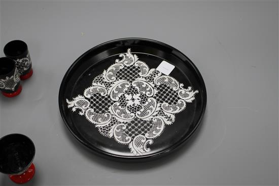 A Murano seven piece glass liqueur set, with lacework decoration, tray diameter 18cm